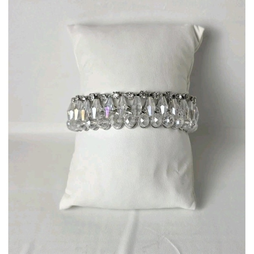 Silver Tone Multi Tier Clear Crystal AB Dangle Statement Bracelet Adjustable